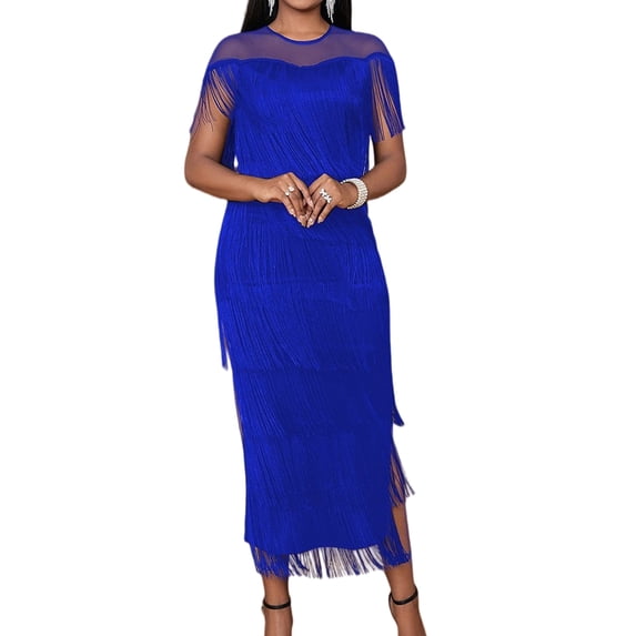 Women'S Plus Size 1920s Flapper Dress Sleeveless Deep V Neck Fringe All over Tassel Tiered Prom Party Midi Dress Blue L
