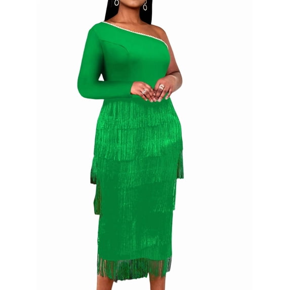 Women'S Plus Size 1920s Flapper Dress Sleeveless Deep V Neck Fringe All over Tassel Tiered Prom Party Midi Dress Green M