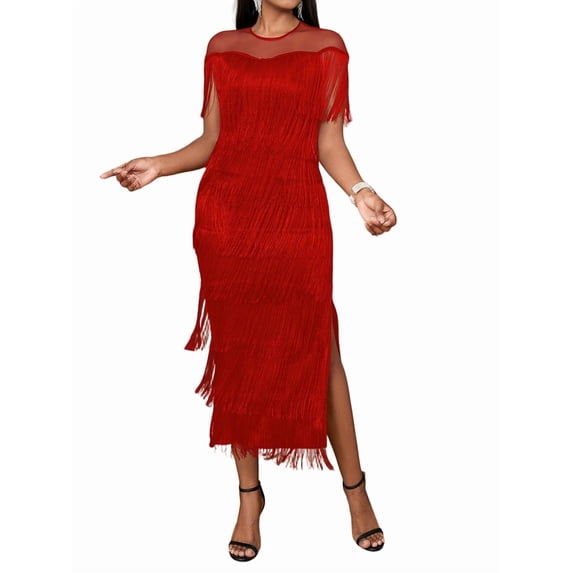 Women'S Plus Size 1920s Flapper Dress Sleeveless Deep V Neck Fringe All over Tassel Tiered Prom Party Midi Dress Red S