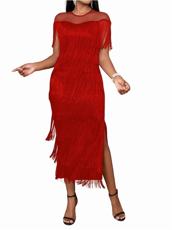 Women'S Plus Size 1920s Flapper Dress Sleeveless Deep V Neck Fringe All over Tassel Tiered Prom Party Midi Dress Red XXL