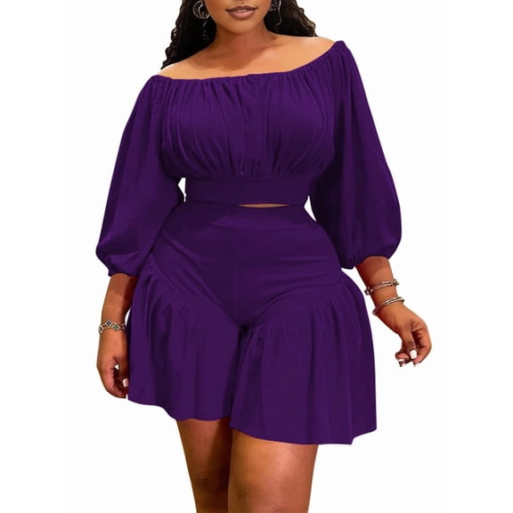 Women'S Plus Size 2 Piece Outfit with Off Shoulder Long Lantern Sleeve Crop Top and Ruffle Shorts XL