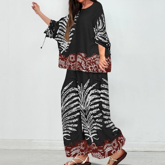 Women S Plus Size 2 Piece Set Crew Neck Long Sleeve Tees Wide Leg Pants Spring Summer Baggy Casual Print Outfits (S, Black)