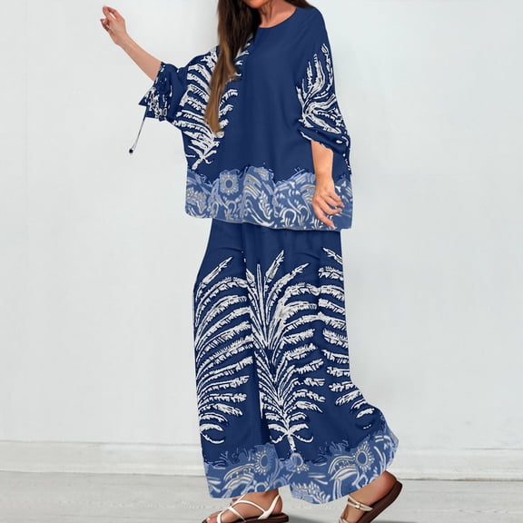 Women S Plus Size 2 Piece Set Crew Neck Long Sleeve Tees Wide Leg Pants Spring Summer Baggy Casual Print Outfits (S, Blue)