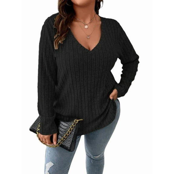 Women'S Plus Size Casual Knitted V-Neck Long Sleeve Sweater Black 4XL
