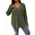 thumbnail image 1 of Women'S Plus Size Casual Knitted V-Neck Long Sleeve Sweater  Green XXL, 1 of 8