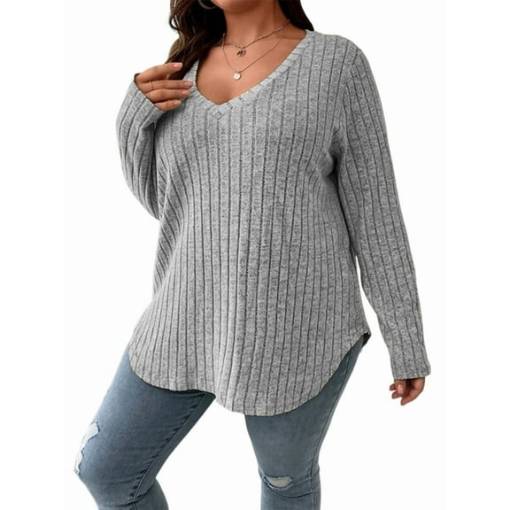 Women'S Plus Size Casual Knitted V-Neck Long Sleeve Sweater Light Gray 5XL
