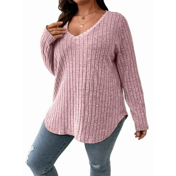 Women'S Plus Size Casual Knitted V-Neck Long Sleeve Sweater Light Pink XL