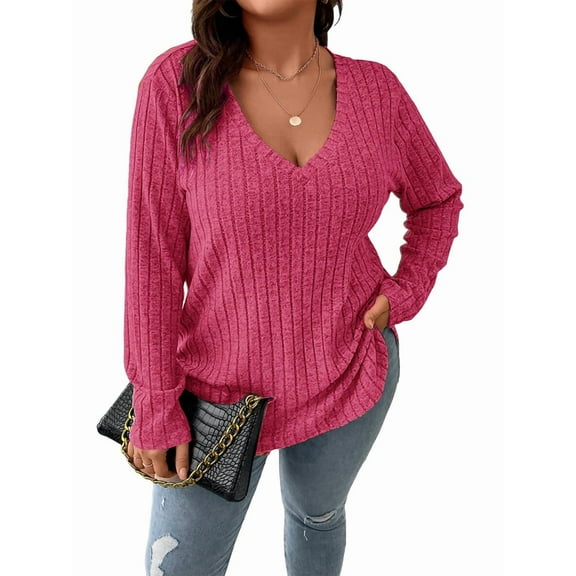 Women'S Plus Size Casual Knitted V-Neck Long Sleeve Sweater Rose Red 4XL