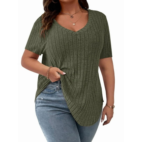Women'S Plus Size Casual Tops V Neck Solid Color Shirts - Short Sleeve Blouses  Green XL