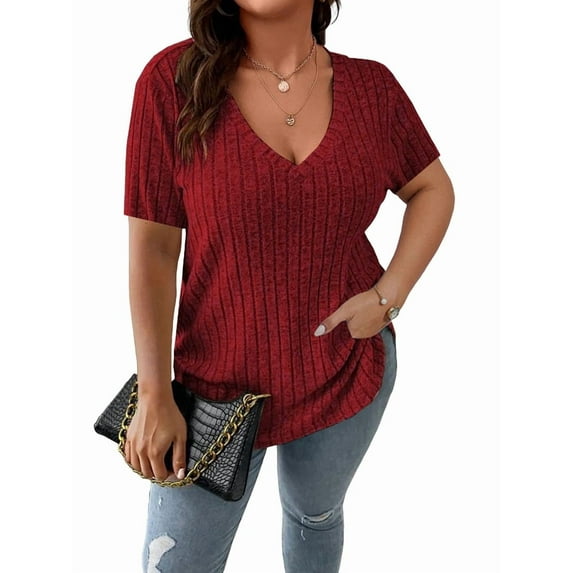 Women'S Plus Size Casual Tops V Neck Solid Color Shirts - Short Sleeve Blouses Wine Red XL