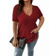 thumbnail image 1 of Women'S Plus Size Casual Tops V Neck Solid Color Shirts - Short Sleeve Blouses Wine Red XXL, 1 of 4