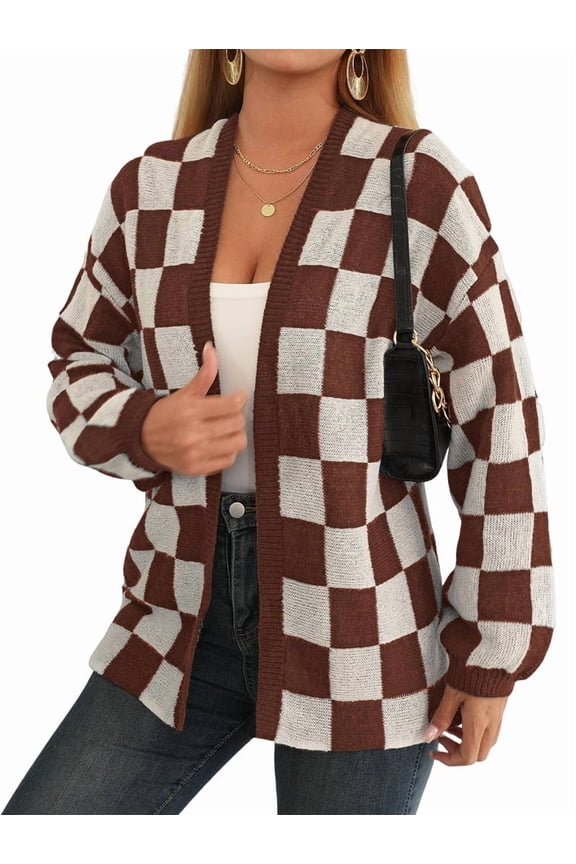 Women'S Plus Size Checkered Cardigan Top Plaid Print Open Front Loose Sweater Outwear Brown White S