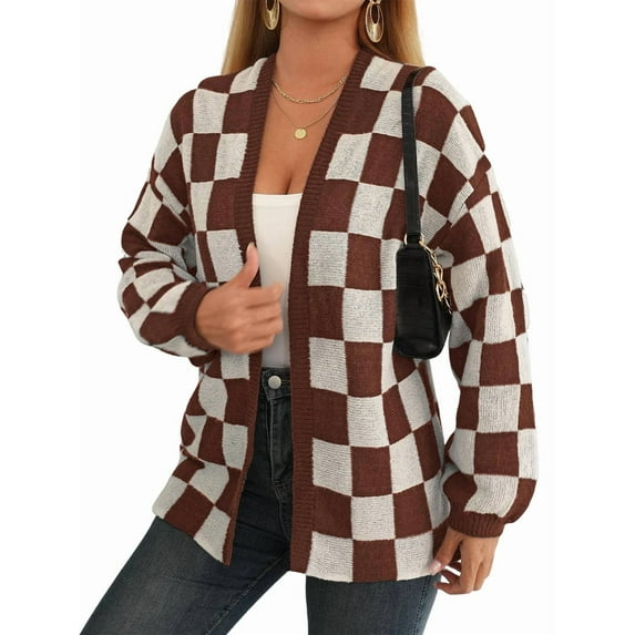 Women'S Plus Size Checkered Cardigan Top Plaid Print Open Front Loose Sweater Outwear Brown White XL