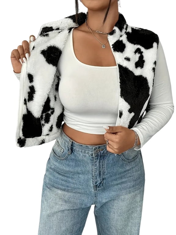 Women'S Plus Size Cropped Jacket Cow Print Sleeveless Zip Up Fuzzy Y2K Fall Vest Outerwear Black S