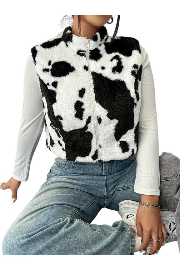 Women'S Plus Size Cropped Jacket Cow Print Sleeveless Zip Up Fuzzy Y2K Fall Vest Outerwear Black XL