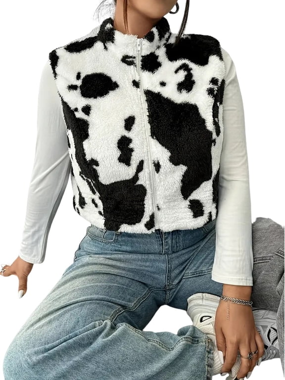 Women'S Plus Size Cropped Jacket Cow Print Sleeveless Zip Up Fuzzy Y2K Fall Vest Outerwear
