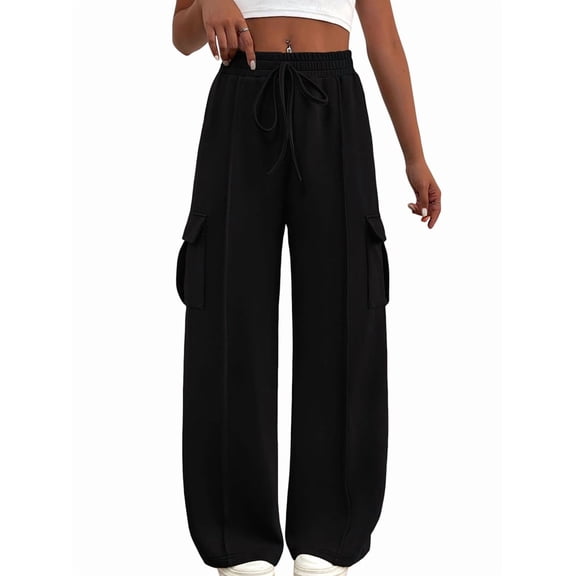 Women'S Plus Size Drawstring Running Sweatpants Loose Fit Wide Leg Pure Color Athletic Trousers Black L