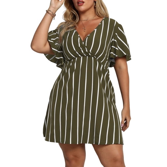 Women'S Plus Size Dress V Neck Short Sleeve Striped Smocked Waist A Line Short Summer Dress Green XL