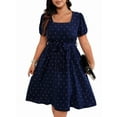 thumbnail image 1 of Women'S Plus Size Elegant Retro Polka Dot Waist Tie Square Neck Swing Dress Dark Blue 4XL, 1 of 7