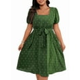 thumbnail image 1 of Women'S Plus Size Elegant Retro Polka Dot Waist Tie Square Neck Swing Dress Green XXXL, 1 of 7