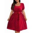 thumbnail image 1 of Women'S Plus Size Elegant Retro Polka Dot Waist Tie Square Neck Swing Dress Red XL, 1 of 7