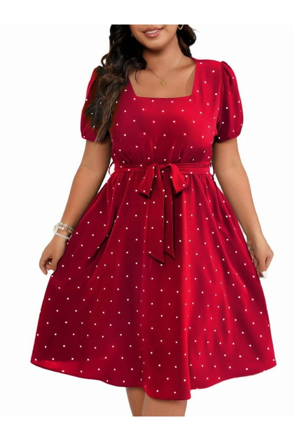 Women'S Plus Size Elegant Retro Polka Dot Waist Tie Square Neck Swing Dress Red XXXL