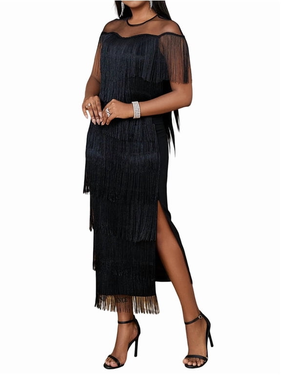 Women'S Plus Size Flapper Dress Sleeveless Deep V Neck Fringe All over Tassel Tiered Prom Party Midi Dress Black XL