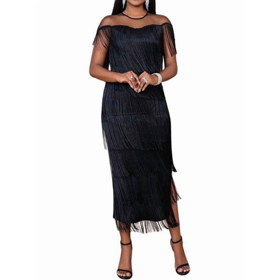 Women'S Plus Size Flapper Dress Sleeveless Deep V Neck Fringe All over Tassel Tiered Prom Party Midi Dress Black XXXL