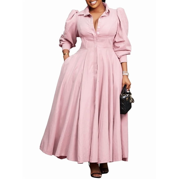 Women'S Plus Size Long Sleeve Maxi Shirt Dress Elegant Button Down Loose Swing Party Dress Light Pink S