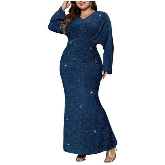 Women's Plus Size Long Sleeve V-Neck Solid Color Fishtail Evening Sparkle Sequin Slim Party Midi Dress Wrap Ruffle Sleeve Dress Cocktail Party Formal Dress Xl-4Xl