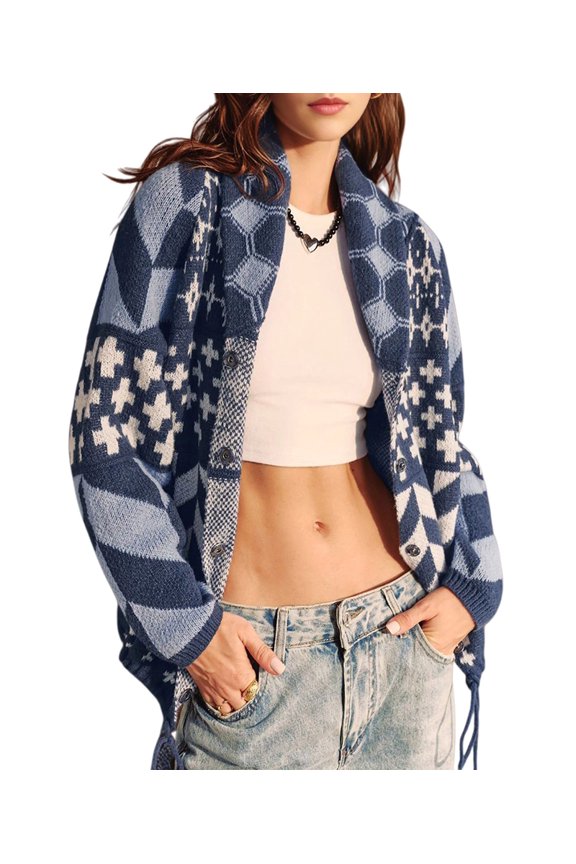 Women'S Plus Size Loose Cardigan Knit Sweater with Retro Button Print Coat Blue One size