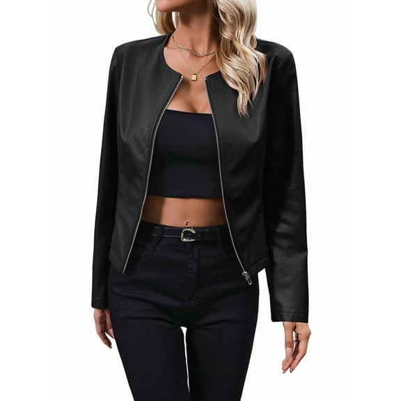 Women'S Plus Size PU Leather Jacket Zip Up Crew Neck Long Sleeve Jacket Outerwear Black XXL