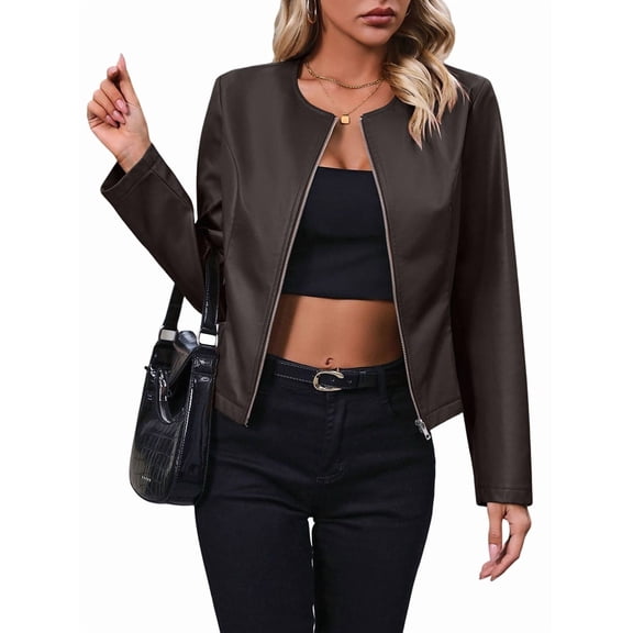 Women'S Plus Size PU Leather Jacket Zip Up Crew Neck Long Sleeve Jacket Outerwear Brown XXL