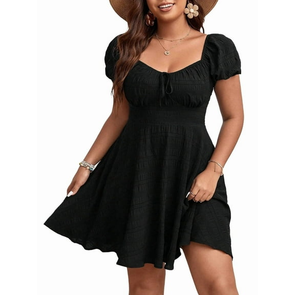 Women'S Plus Size Short Sleeve Mini Dress High Waist Summer Dresses Wedding Guest Dress Black XXXL