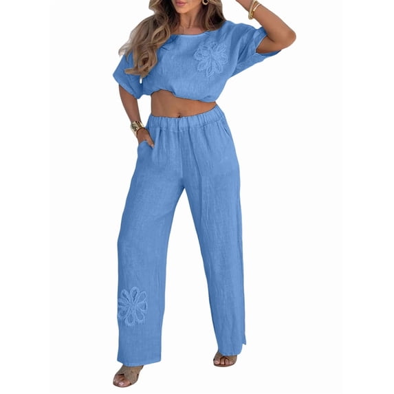 Women'S Plus Size Summer Two Piece Sets Cap Sleeve Floral Blouse Belted Pants Outfits Blue S