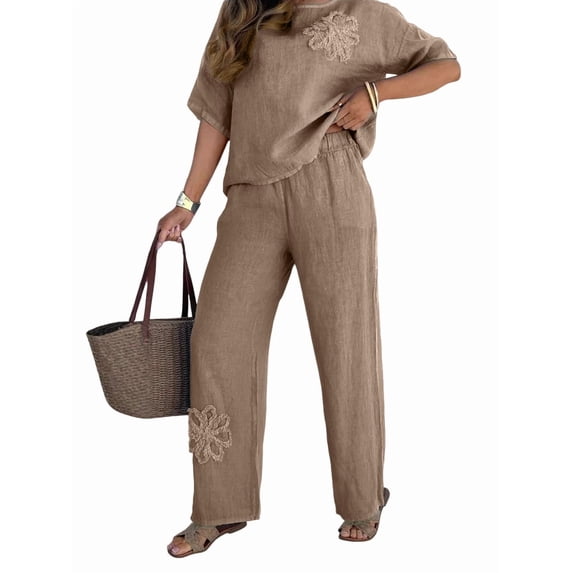 Women'S Plus Size Summer Two Piece Sets Cap Sleeve Floral Blouse Belted Pants Outfits Brown XXL