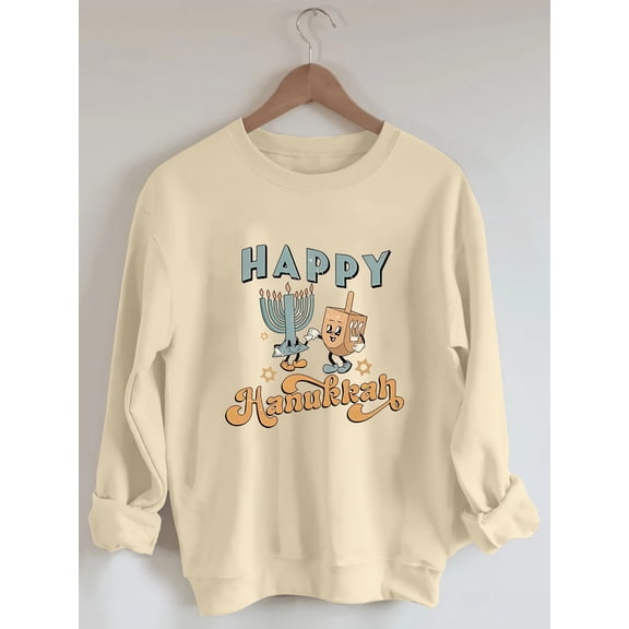 Women'S Plus Size Sweatshirt, Happy Hanukkah Cartoon Print, Long Sleeve, Warm Lined, Soft Stretch Polyester, Crew Neck, Casual Style, Autumn/Winter Pullover