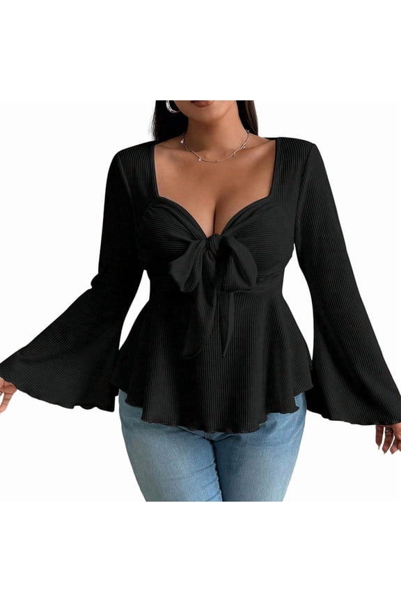 Women'S Plus Size Tops Ruffle T Shirts Sweetheart Neck Bell Long Sleeve Top Black XXL