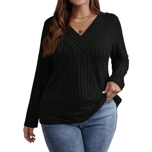 Women'S Plus Size Tops Trendy V Neck Casual Long Sleeve Shirts Knit Sweaters Black 4XL