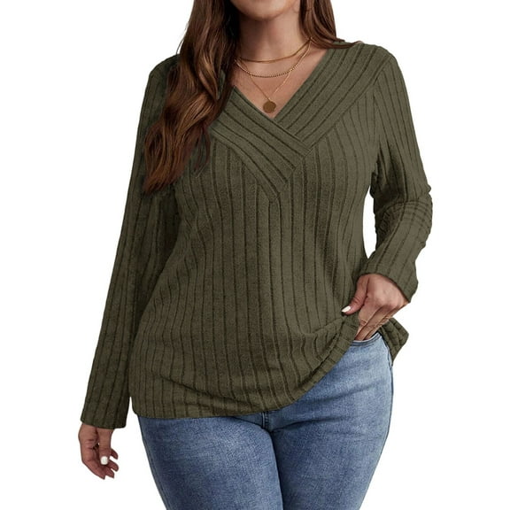 Women'S Plus Size Tops Trendy V Neck Casual Long Sleeve Shirts Knit Sweaters Green XL
