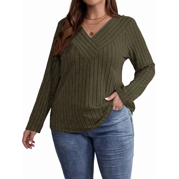 Women'S Plus Size Tops Trendy V Neck Casual Long Sleeve Shirts Knit Sweaters Green XXXL