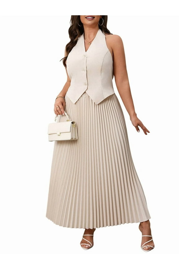 Women'S Plus Size Two-Piece Casual V-Neck Sleeveless Vest and High Waist Pleated Maxi Skirt Business Suit XXL