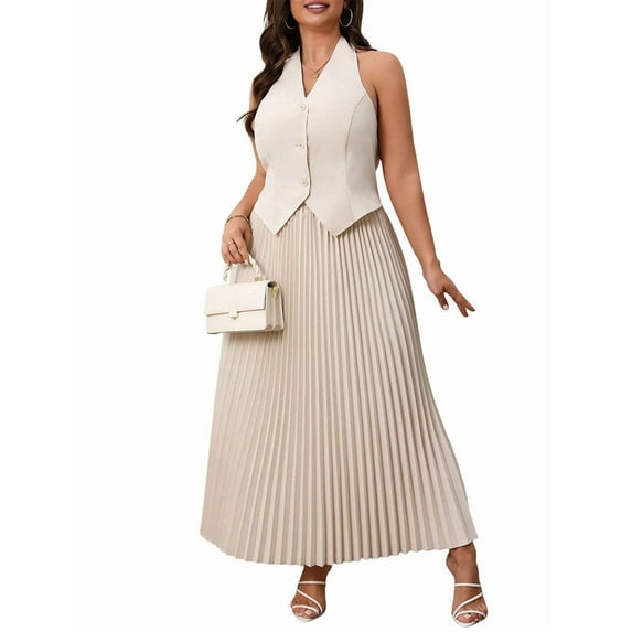 Women'S Plus Size Two-Piece Casual V-Neck Sleeveless Vest and High Waist Pleated Maxi Skirt Business Suit XXXL