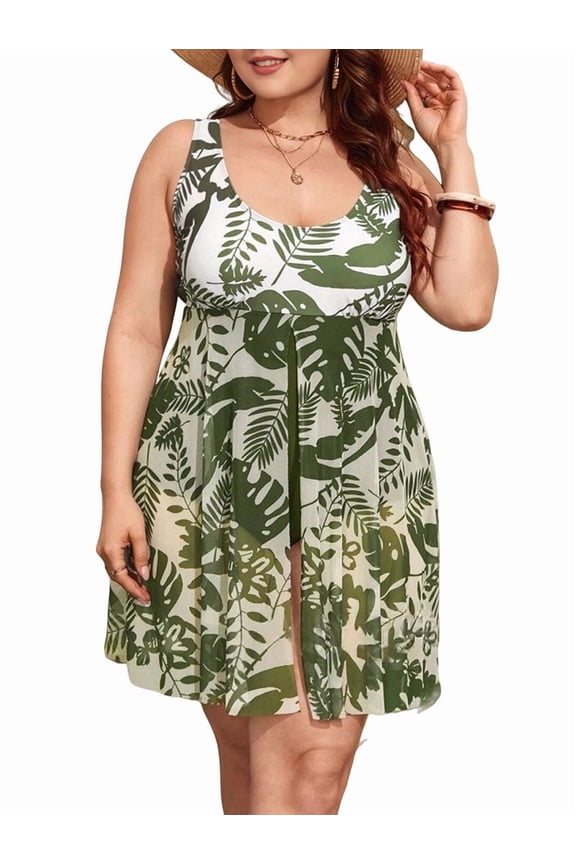 Women'S Plus Size U Neck Printed Tummy Control Side Split Swim Dress 2025 Summer Tankini Swimsuits Green Flowers 4XL