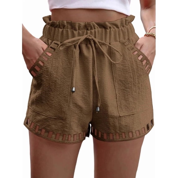 Women'S Plus Size Wide Leg Summer Shorts High Waisted Hollow Out Boho Shorts with Pockets Dark Brown M