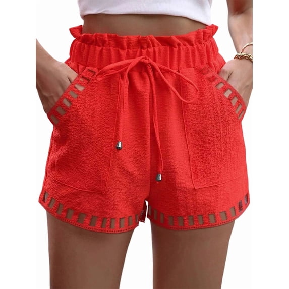 Women'S Plus Size Wide Leg Summer Shorts High Waisted Hollow Out Boho Shorts with Pockets Red XL