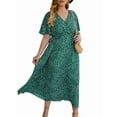 thumbnail image 1 of Women'S Plus Size Wrap V Neck Short Sleeve Ruffle Hem A Line Short Dress Blue & Green 4XL, 1 of 8