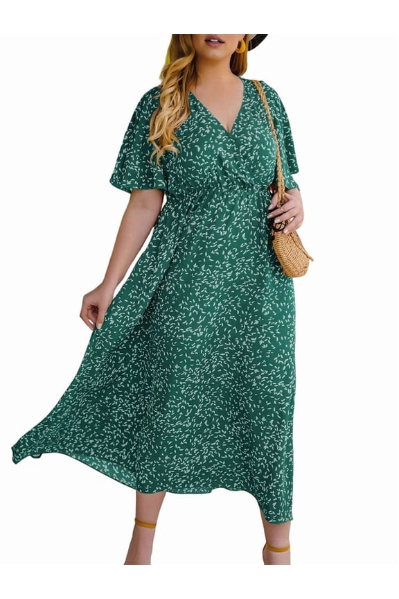 Women'S Plus Size Wrap V Neck Short Sleeve Ruffle Hem A Line Short Dress Blue & Green XXXL