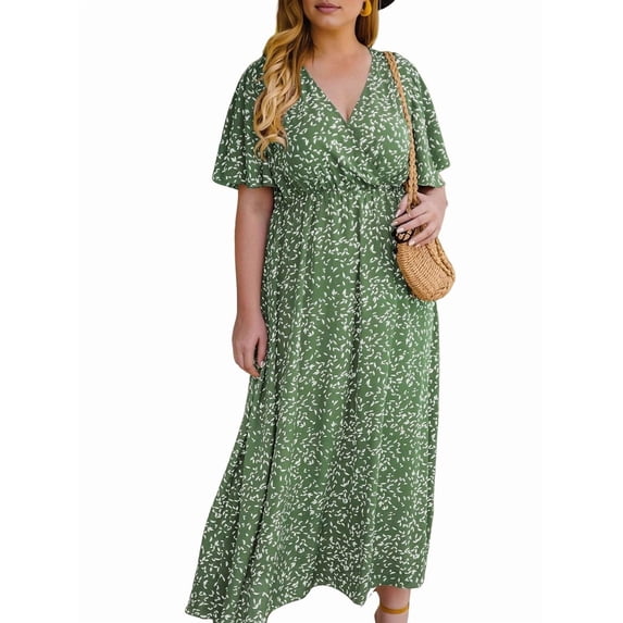 Women'S Plus Size Wrap V Neck Short Sleeve Ruffle Hem A Line Short Dress Green 4XL
