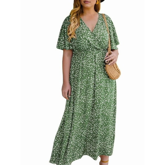 Women'S Plus Size Wrap V Neck Short Sleeve Ruffle Hem A Line Short Dress Green XXXL